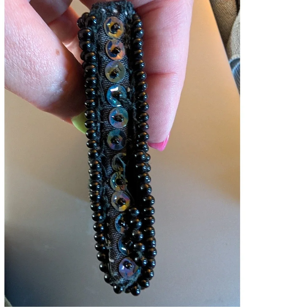 Vintage Handmade Beaded Sequin Clutch Bag Black Iridescent Evening Pouch Japan